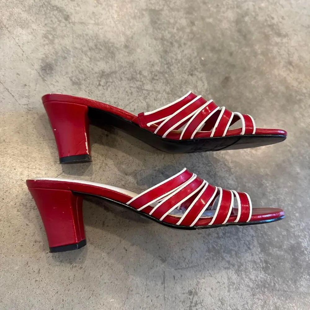 Red White Strappy Wedge Heels Y2K 3in Sandals Size 7.5